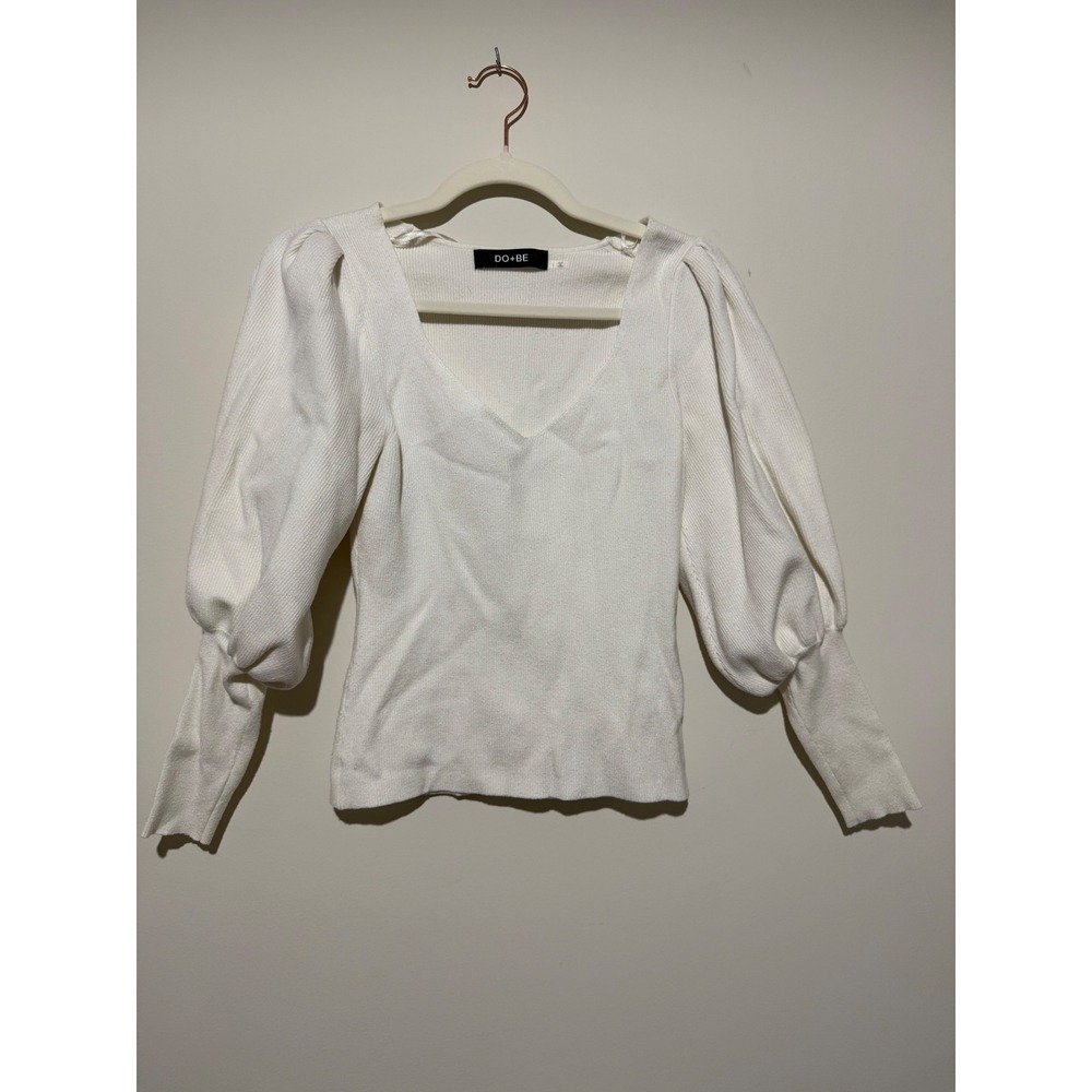 DO+BE White V-Neck Ribbed Knit Puff Balloon Sleeve Top Y2647S Small